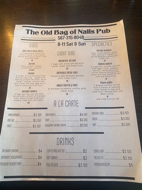 bag of nails restaurant menu.